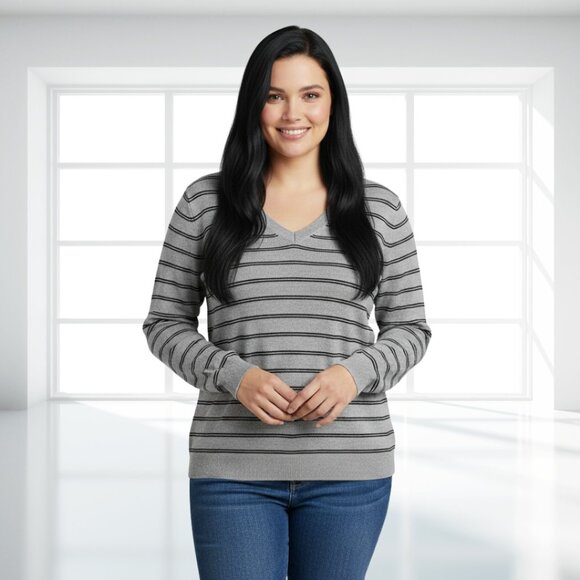 Worthington Black & Gray Striped V-Neck Pullover Sweater - Size Large - Picture 1 of 13